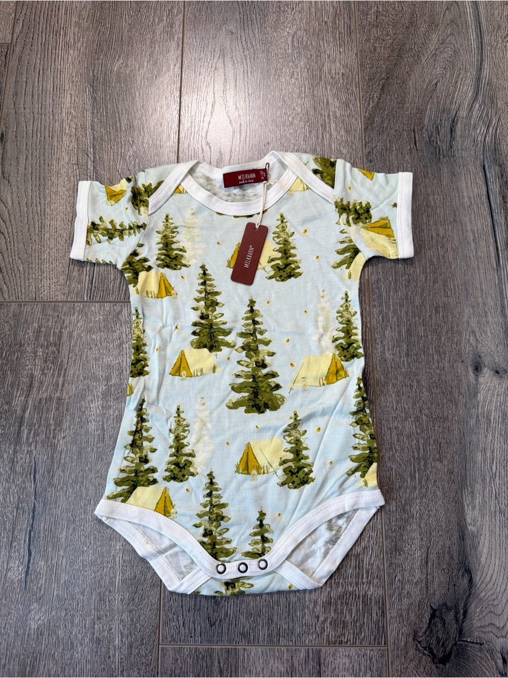 Milkbarn Light Blue Short Sleeve Bodysuit with Green Trees and Yellow Tents